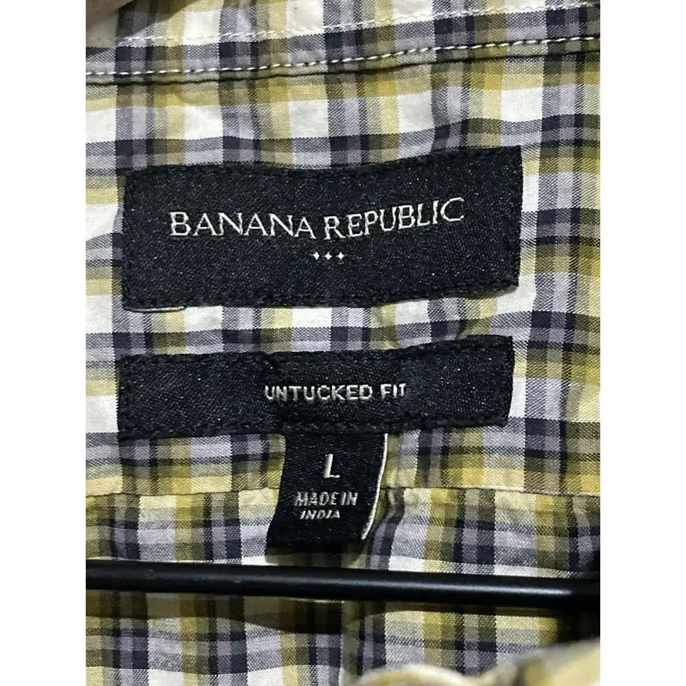 BANANA REPUBLIC MENS PINK PLAID BUTTON DOWN SHIRT Large UNTUCKED FIT